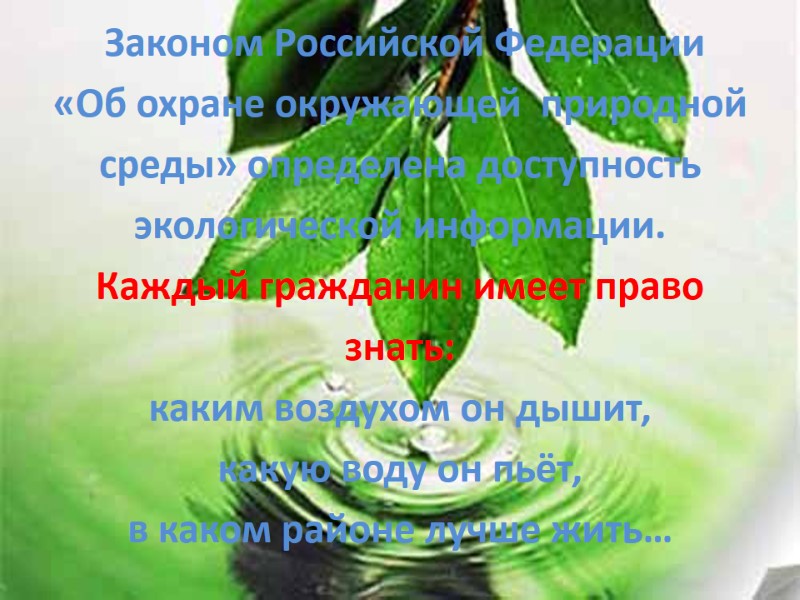 Законом Российской Федерации  «Об охране окружающей  природной  среды» определена доступность 